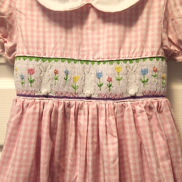 Marmellata Pink Gingham Dress with Bunny And Floral Embroidery Size 6 - Picture 2 of 7